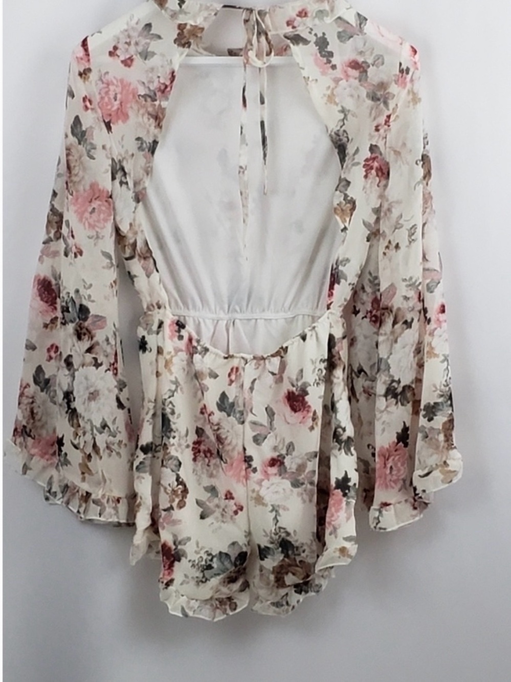Chiffon Open Back Floral Long Bell Sleeve Flowy Romper High Neck New
